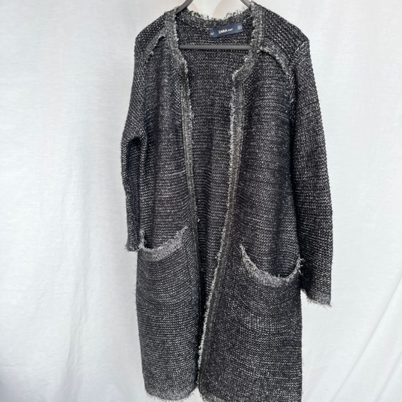 Zara (M) long, frayed-edge cardigan, with wrap tie, pockets & metallic threads - Picture 14 of 16